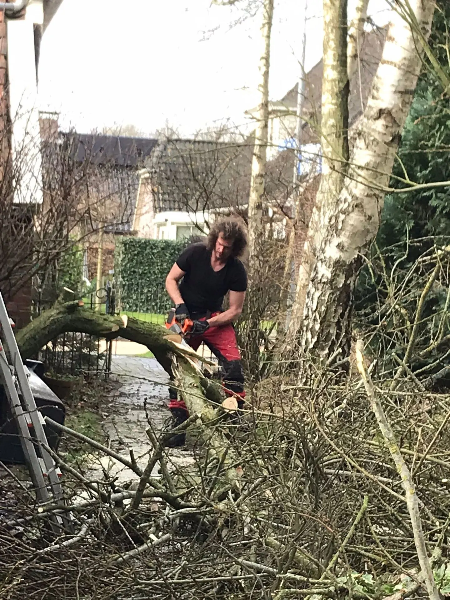 Leo zaagt een door storm gevallen tak in een achtertuin
